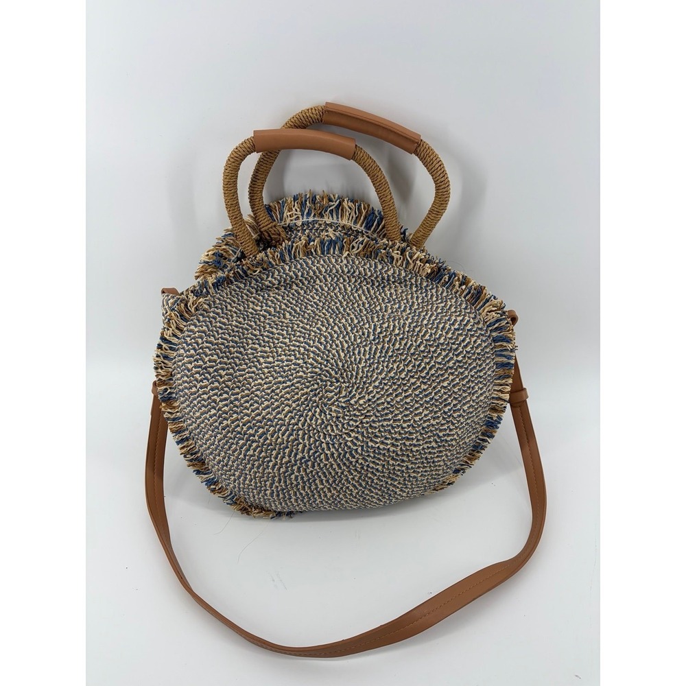 Zara Round Paper Straw Tan/Blue Crossbody Purse Fringe, Open Top, Dual Handles